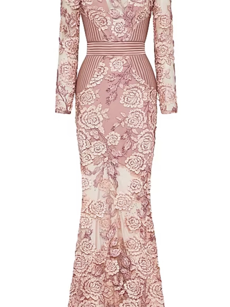 Zhivago Dusky Rose Long Sleeve Lace Appliqu Gown